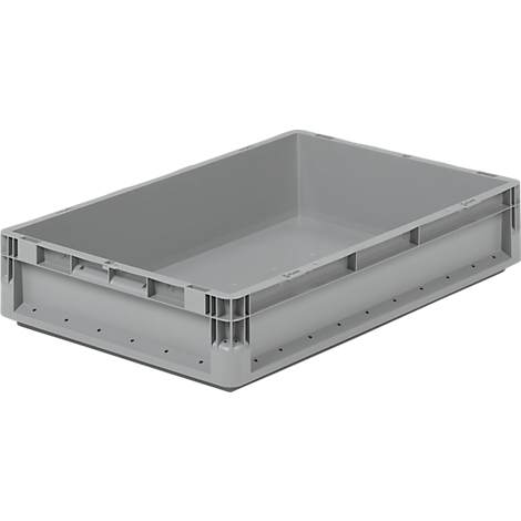 Gray plastic box, rectangular, with handles on the sides. It stands at an angle, photographed from above.