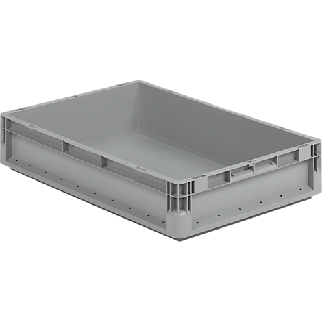 Gray plastic box, rectangular with handles, without content.
