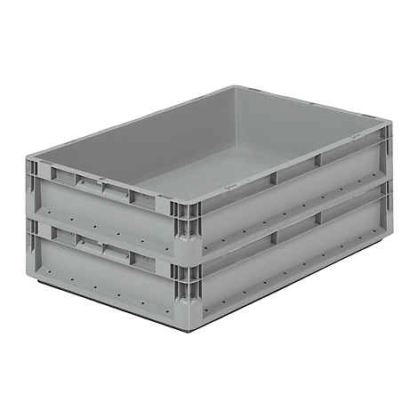Two gray plastic boxes, stacked on top of each other, with recessed handles and reinforced corners.