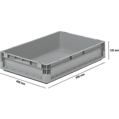 Gray plastic box with dimensions 600 x 400 x 120 mm, shown from a bird's eye view.