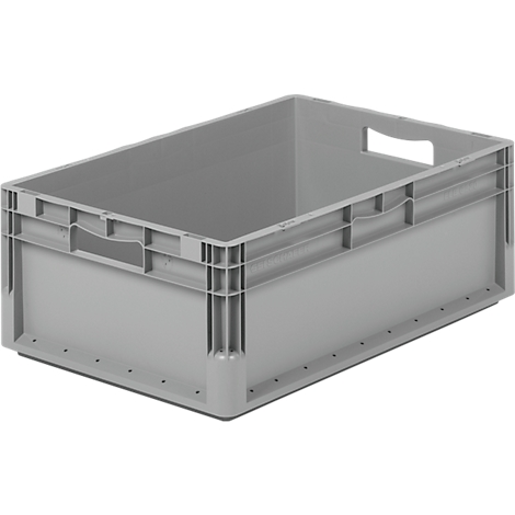Gray plastic box with handle openings, photographed at a slight angle.
