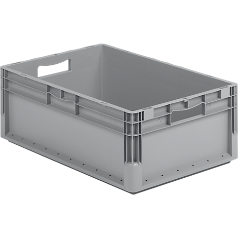 Gray plastic box with handle openings. The box has a rectangular shape with reinforcements.