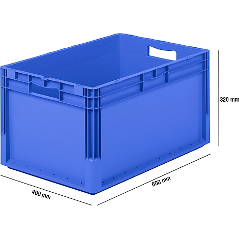 Blue plastic box with handles and dimensions: 400 mm x 600 mm x 320 mm.