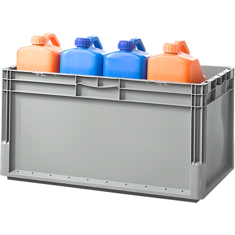 Gray plastic box with orange and blue canisters.