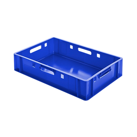 Blue plastic crate with handles.