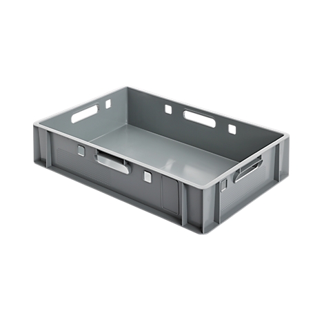 Gray plastic box, rectangular, with handles. A product photo.
