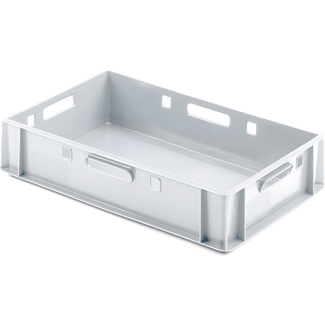 Grey plastic box with handle openings and rectangular shape.