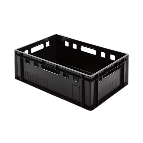 Black plastic crate with handles and openings. Rectangular shape, empty.