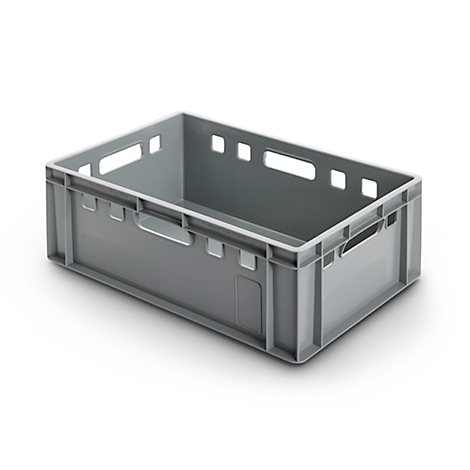 Gray plastic crate with handles and openings. On a white background.