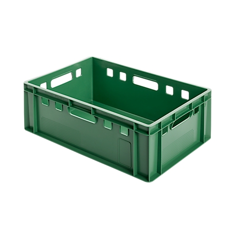 Green plastic crate, rectangular, with handles and cutouts.