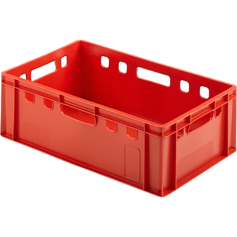 Red plastic crate with handles and holes. Empty crate, photographed slightly diagonally from above.