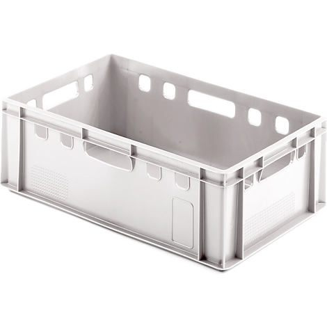 Grey plastic box with handle openings and cutouts. On a white background.