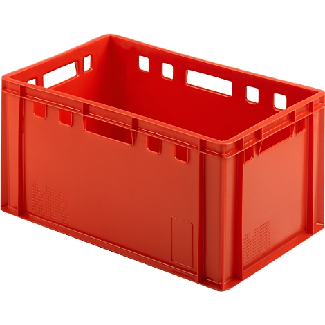 Red plastic crate with handle openings, rectangular.
