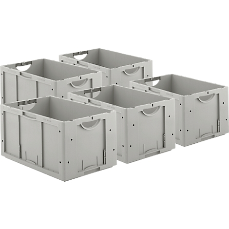 Sechs graue Stapelboxen nebeneinander.