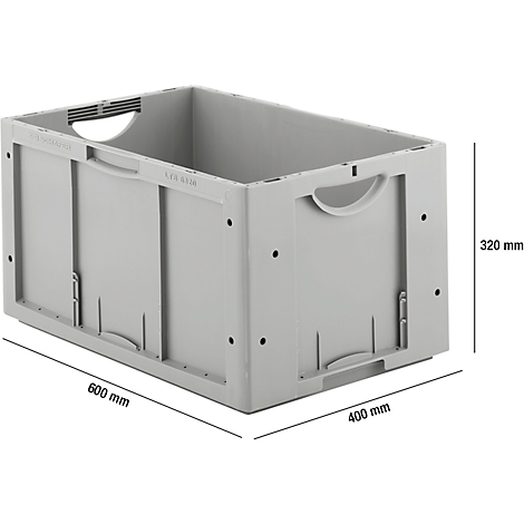 Graue Kunststoffbox, Maße: 600x400x320 mm, mit Griffen und seitlichen Öffnungen, die Maße sind angegeben.