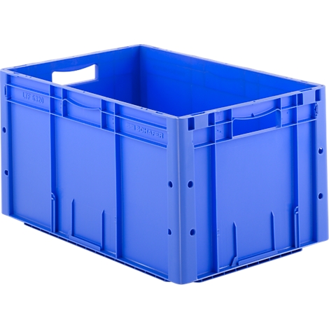 Bac en plastique bleu avec ouvertures de poignée, découpes latérales et texte.