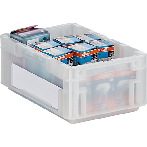 Transparente Kunststoffbox mit Glühbirnen, OSRAM und Philips Kartons.