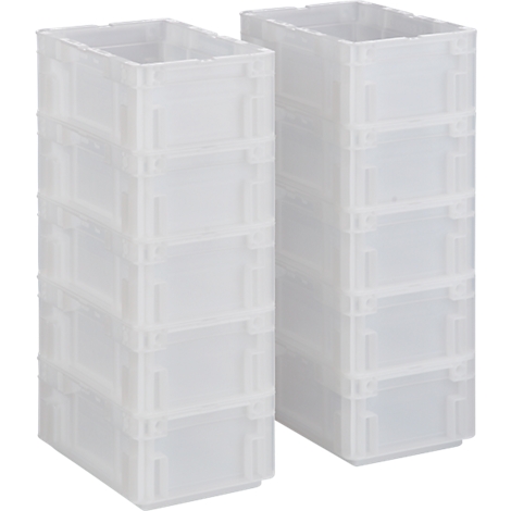 Zwei Türme aus transparenten Kunststoffboxen. Jede Box hat einen rechteckigen Querschnitt mit einem erhöhten Rand.