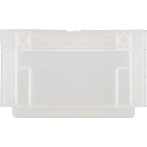 Conteneur en plastique transparent, rectangulaire, avec des bords surélevés et une section supérieure avec deux petits renfoncements.