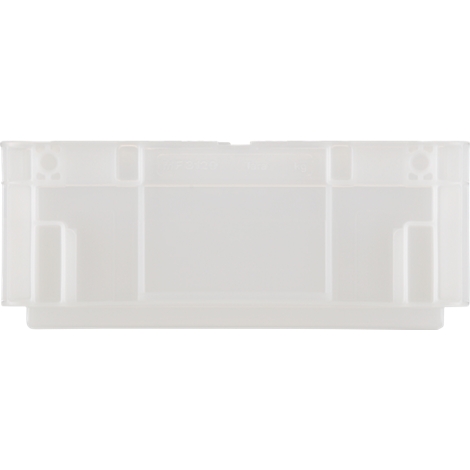 Tiroir en plastique transparent de forme rectangulaire avec diverses découpes.