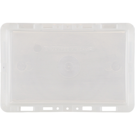 Couvercle en plastique transparent avec un bord légèrement surélevé et le texte 'CAMERA BULK'.