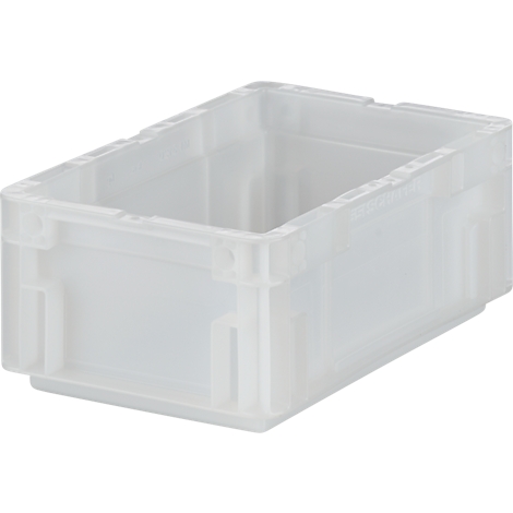 Transparante plastic doos in een rechthoekig ontwerp, met handgreepopeningen en versterkte randen.