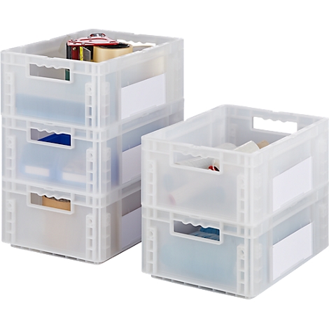 Zwei transparente Kunststoffboxen mit Grifföffnungen. In den Boxen befinden sich Büroartikel. Auf den Boxen sind Etiketten angebracht.