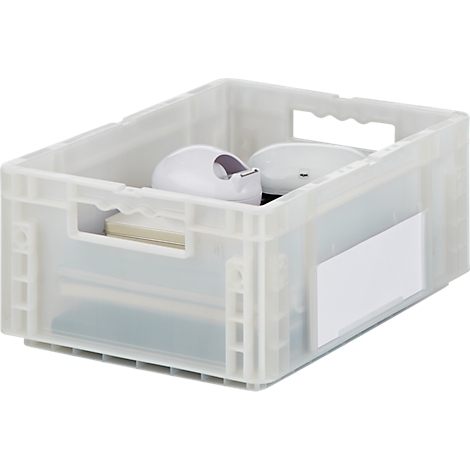 Transparente Kunststoffbox mit Büromaterialien: Klebebandabroller, Notizzettel, CD.