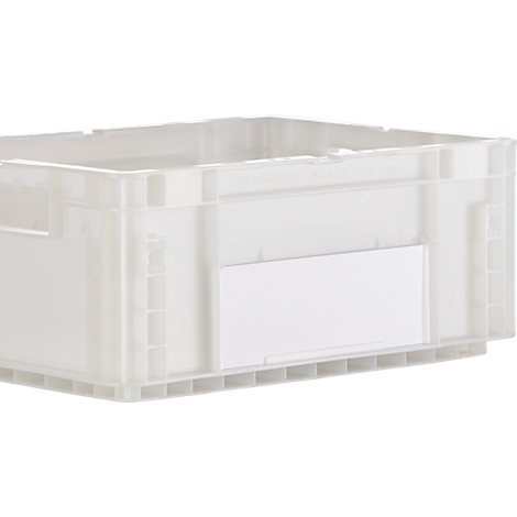 Transparente Kunststoffbox, rechteckig, mit weißem Etikett. Gezeigt im Detail, auf hellem Hintergrund.