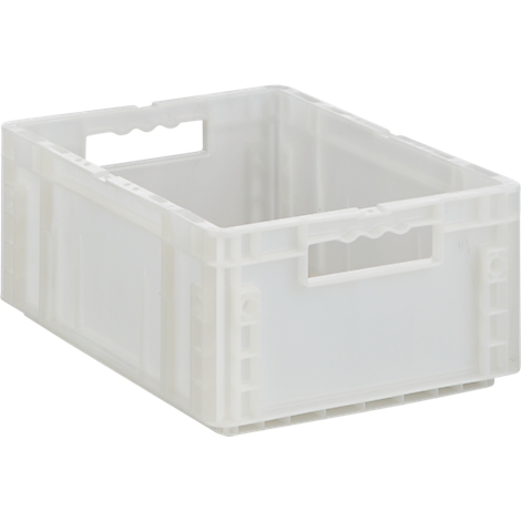 Boîte en plastique gris clair avec ouvertures pour poignées.