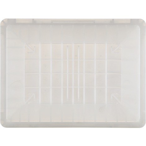 Caisse en plastique rectangulaire et transparente vue de dessus, avec un motif carré à l'intérieur.