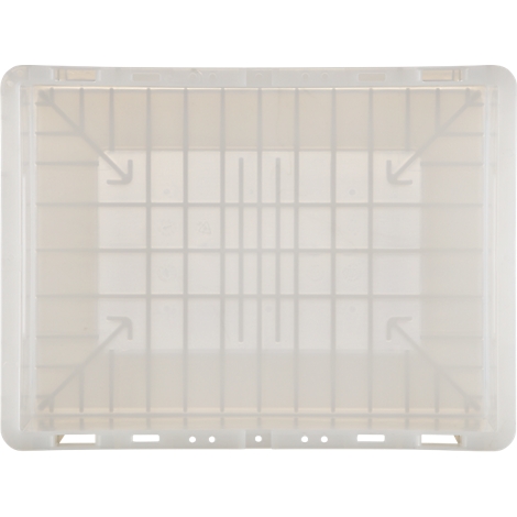 Caisse en plastique gris clair avec un motif quadrillé rectangulaire. Des flèches pointent vers le centre à l'intérieur.