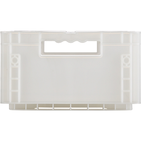 Caisse en plastique blanche et transparente, rectangulaire avec poignée.