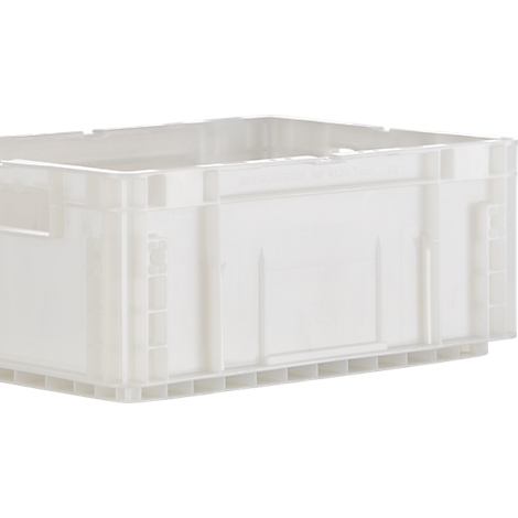 Bac en plastique gris clair, rectangulaire, avec poignées encastrées, fond grillagé et côtés renforcés.