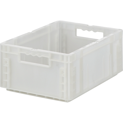 Lichtgrijze plastic box met handgrepen, gefotografeerd vanaf de zijkant.