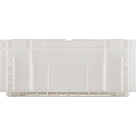 Lichtgrijze plastic lade, met uitsparingen aan de boven- en onderkant, half transparant.