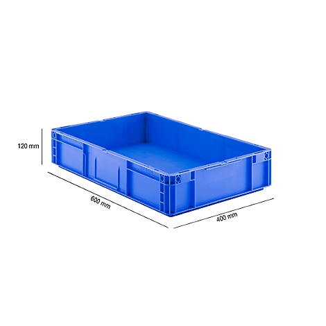Blaue Kunststoff-Lagerbox mit Maßangaben 600x400x120 mm auf weißem Hintergrund.