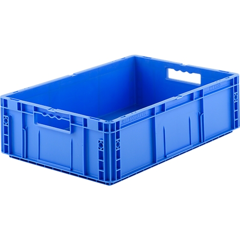 Eine rechteckige, blaue Kunststoff-Transportbox mit Griffmulden an den kurzen Seiten auf weißem Hintergrund.