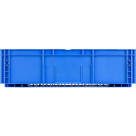 Blaue Kunststoff-Lagerbox von SSI Schäfer, Typ ME 6170, in Vorderansicht vor neutralem Hintergrund.