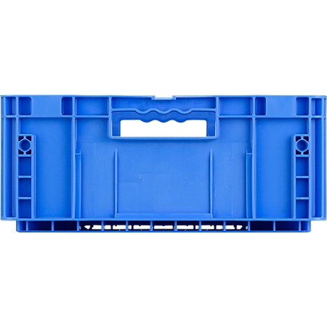 Blaue Kunststoff-Transportbox mit integriertem Tragegriff in der Seitenwand.
