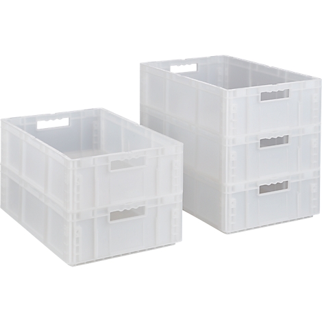 Zwei stapelbare, transparente Kunststoffboxen. Eine Box ist zweifach, die andere dreifach gestapelt.