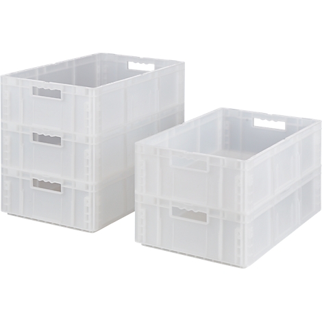Zwei transparente Kunststoffboxen, eine gestapelt, die andere daneben.