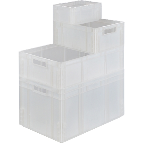 Transparente Kunststoffboxen unterschiedlicher Grösse, gestapelt.