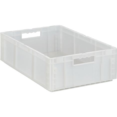 Boîte en plastique transparent avec des ouvertures de poignée sur les côtés. La boîte est vide.