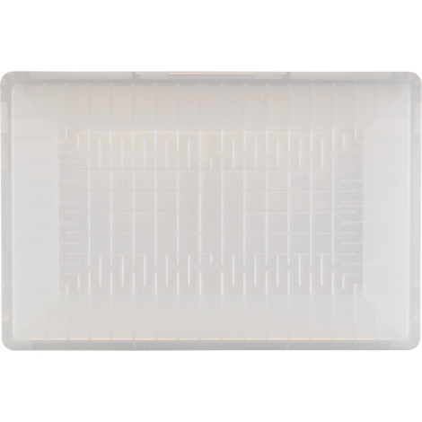 Boîte rectangulaire en plastique transparent avec un motif de grille carrée et des rainures verticales.