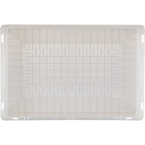 Boîte en plastique rectangulaire transparente avec motif quadrillé. Les coins et les côtés sont arrondis.