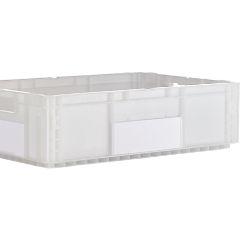 Boîte en plastique grise de forme rectangulaire avec une étiquette blanche.