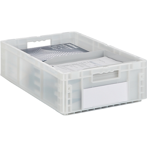 Grijze plastic doos met documenten, scheidingswand, handgreepopeningen en leeg etiket.