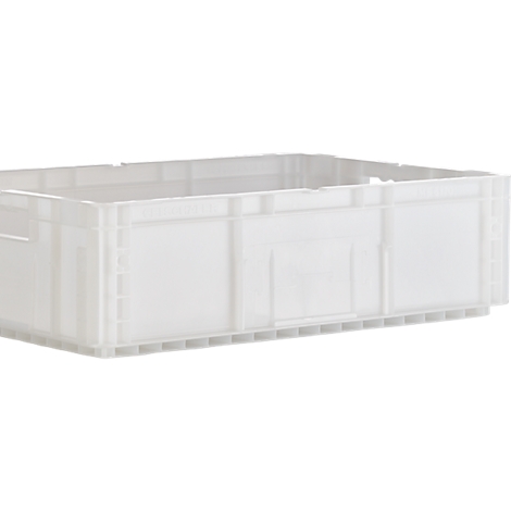 Een rechthoekige, grijze plastic box. Zijwanden met verticale spanten. Een raster aan de onderkant.