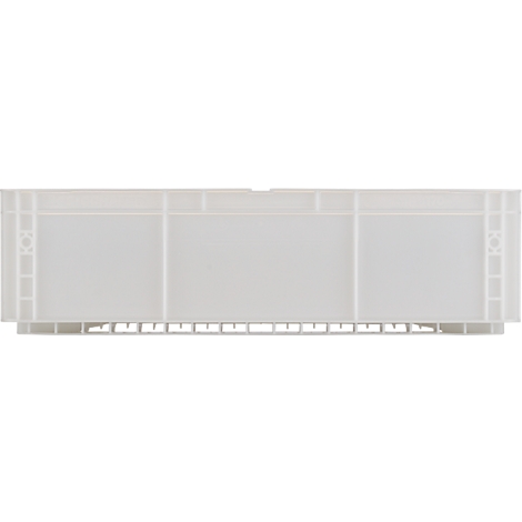 Lichtgrijze, rechthoekige plastic box, van bovenaf gefotografeerd. Structuren aan de zijkanten en onderkant, gladde bovenkant.